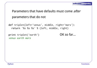 Parameters that have defaults must come after 
parameters that do not 
ddddeeeeffff triplet(left='venus', middle, right='mars'): 
rrrreeeettttuuuurrrrnnnn '%s %s %s' % (left, middle, right) 
pppprrrriiiinnnntttt triplet('earth') 
venus earth mars 
OK so far... 
Python Functions 
 
