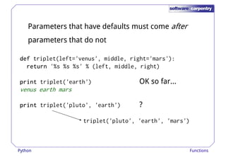 Parameters that have defaults must come after 
parameters that do not 
ddddeeeeffff triplet(left='venus', middle, right='mars'): 
rrrreeeettttuuuurrrrnnnn '%s %s %s' % (left, middle, right) 
pppprrrriiiinnnntttt triplet('earth') 
venus earth mars 
pppprrrriiiinnnntttt triplet('pluto', 'earth') 
OK so far... 
? 
triplet('pluto', 'earth', 'mars') 
Python Functions 
 