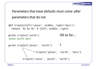 Parameters that have defaults must come after 
parameters that do not 
ddddeeeeffff triplet(left='venus', middle, right='mars'): 
rrrreeeettttuuuurrrrnnnn '%s %s %s' % (left, middle, right) 
pppprrrriiiinnnntttt triplet('earth') 
venus earth mars 
pppprrrriiiinnnntttt triplet('pluto', 'earth') 
OK so far... 
? 
triplet('pluto', 'earth', 'mars') 
triplet('venus', 'pluto', 'earth') 
Python Functions 
 