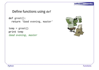 Define functions using def 
ddddeeeeffff greet(): 
rrrreeeettttuuuurrrrnnnn 'Good evening, master' 
temp = greet() 
pppprrrriiiinnnntttt temp 
Good evening, master 
Python Functions 
 