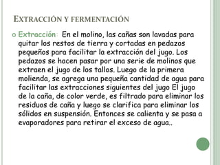 EXTRACCIÓN Y FERMENTACIÓN
 Extracción: En el molino, las cañas son lavadas para
quitar los restos de tierra y cortadas en pedazos
pequeños para facilitar la extracción del jugo. Los
pedazos se hacen pasar por una serie de molinos que
extraen el jugo de los tallos. Luego de la primera
molienda, se agrega una pequeña cantidad de agua para
facilitar las extracciones siguientes del jugo El jugo
de la caña, de color verde, es filtrado para eliminar los
residuos de caña y luego se clarifica para eliminar los
sólidos en suspensión. Entonces se calienta y se pasa a
evaporadores para retirar el exceso de agua..
 