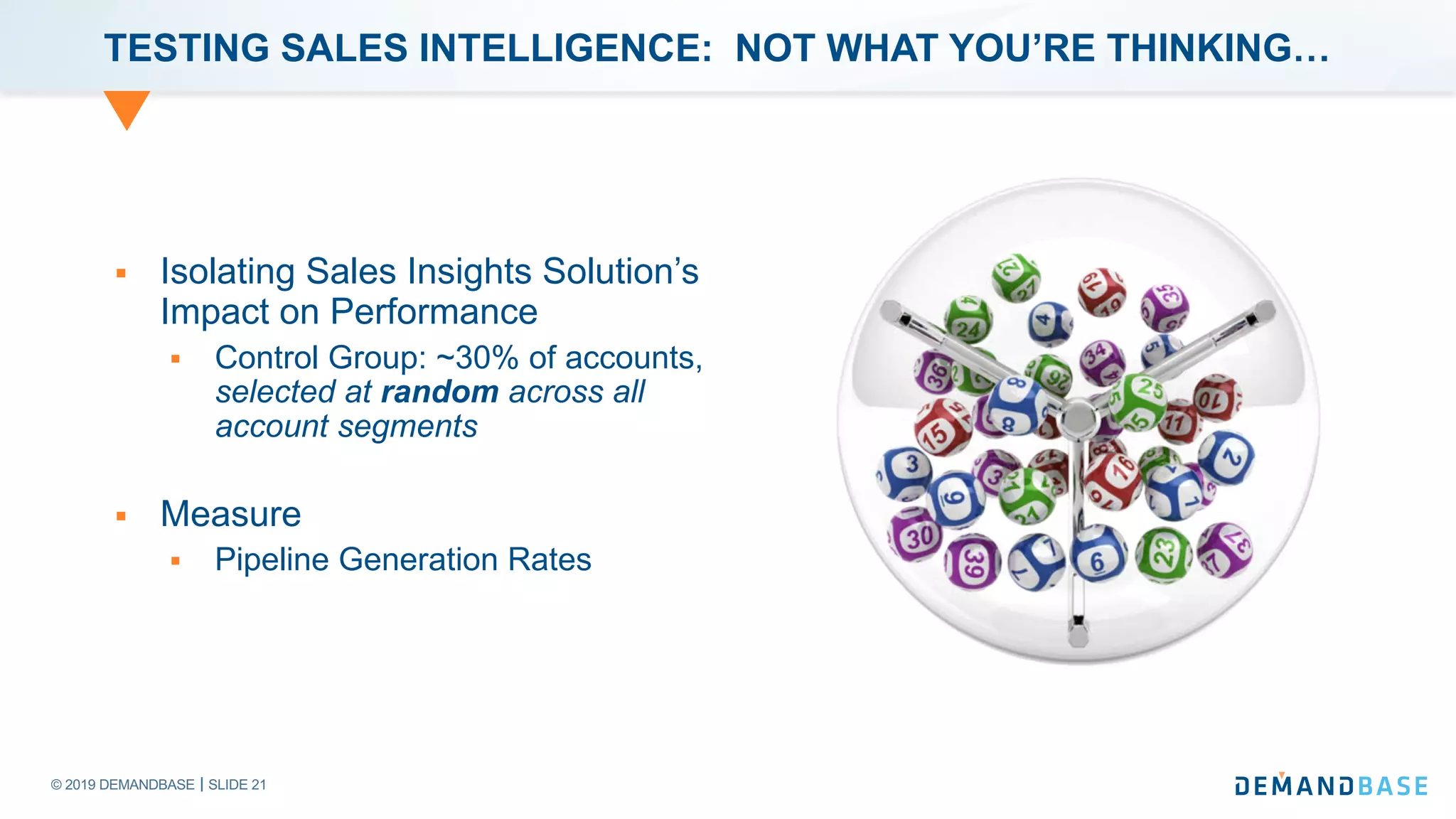 © 2019 DEMANDBASE SLIDE 21
TESTING SALES INTELLIGENCE: NOT WHAT YOU’RE THINKING…
§ Isolating Sales Insights Solution’s
Impact on Performance
§ Control Group: ~30% of accounts,
selected at random across all
account segments
§ Measure
§ Pipeline Generation Rates
 