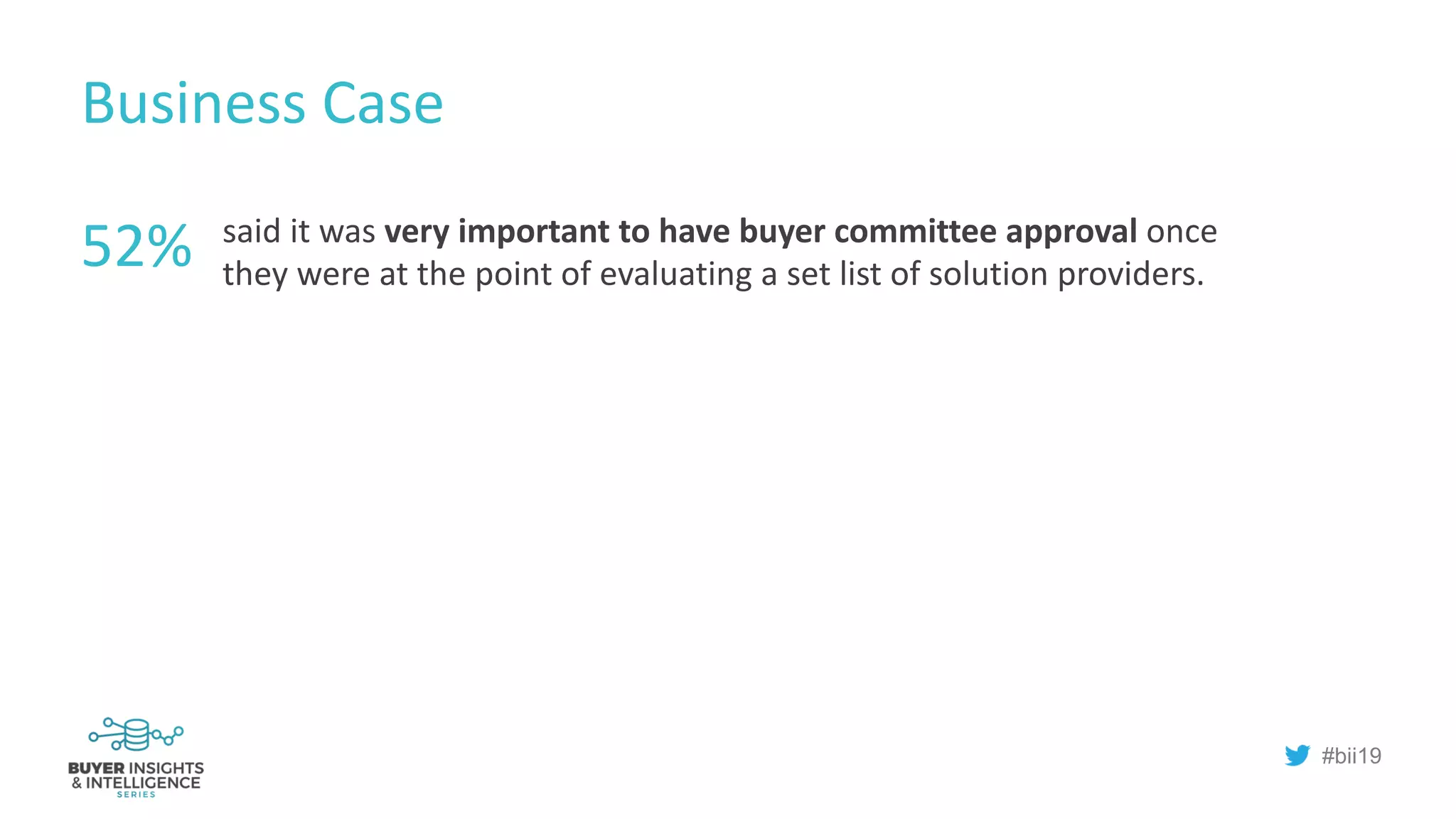 #bii19
Business Case
said it was very important to have buyer committee approval once
they were at the point of evaluating a set list of solution providers.
52%
 