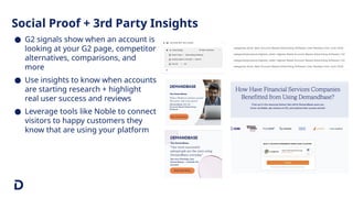 Social Proof + 3rd Party Insights
● G2 signals show when an account is
looking at your G2 page, competitor
alternatives, comparisons, and
more
● Use insights to know when accounts
are starting research + highlight
real user success and reviews
● Leverage tools like Noble to connect
visitors to happy customers they
know that are using your platform
 