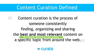 Content curation is the process of
someone consistently
finding, organizing and sharing
the best and most relevant content on
a specific topic from around the web.
“
Content Curation Defined
Be discerning, discriminative and selective
“
 