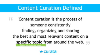 Content Curation Defined
Focus on a narrow topic
Content curation is the process of
someone consistently
finding, organizing and sharing
the best and most relevant content on a
specific topic from around the web.
“ “
 