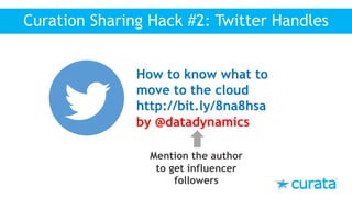 Curation Sharing Hack #2: Twitter Handles
How to know what to
move to the cloud
http://bit.ly/8na8hsa
by @datadynamics
Mention the author
to get influencer
followers
 