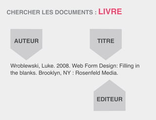 Wroblewski, Luke. 2008. Web Form Design: Filling in
the blanks. Brooklyn, NY : Rosenfeld Media.
AUTEUR TITRE
EDITEUR
CHERCHER LES DOCUMENTS : LIVRE