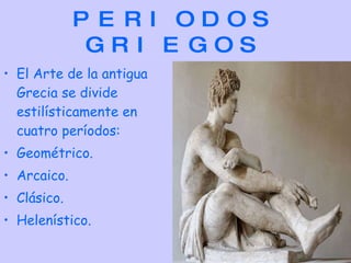 PERIODOS GRIEGOS El Arte de la antigua Grecia se divide estilísticamente en cuatro períodos: Geométrico.  Arcaico.  Clásico.  Helenístico.  .   