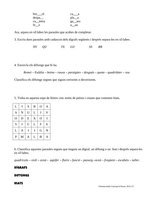 bre___ol                     ca___a
                despa__                      pla__a
                ca__etera                    ga__ara
                fe__e                        a__au

Ara, separa en síl·labes les paraules que acabes de completar.

3. Escriu dues paraules amb cadascun dels dígrafs següents i després separa-les en síl·labes.

                NY       QU           TX     GU             SS       RR




4. Encercla els diftongs que hi ha.

         Remei – Eulàlia – boina – rauxa – paraigües – desguàs – quota – quadrilàter – sou

Classifica els diftongs segons que siguin creixents o decreixents.




5. Troba en aquesta sopa de lletres cinc noms de països i ciutats que contenen hiats.

L    I     S    B    O      A
A    N     U    L    I      V
O    D     E    X    O      I
S    I     C    L    F      E
L    A      I   J    G      N

P    M     A    L    B      A


6. Classifica aquestes paraules segons que tinguin un dígraf, un diftong o un hiat i després separa-les
en síl·labes.

quadrícula – violí – aviat - aqüífer – flaire – funció – passeig –oceà – freqüent – escabetx – taller.

DÍGRAFS

DIFTONGS

HIATS
                                                                     ©Immaculada Concepció-Horta. 2012-13
 