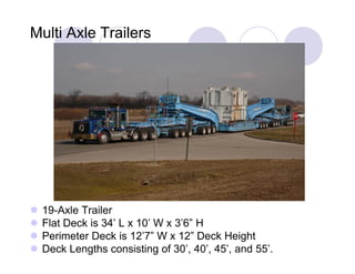 Multi Axle Trailers




 19-Axle Trailer
 Flat Deck is 34’ L x 10’ W x 3 6 H
              34      10      3’6”
 Perimeter Deck is 12’7” W x 12” Deck Height
 Deck Lengths consisting of 30’, 40’, 45’, and 55’.
 