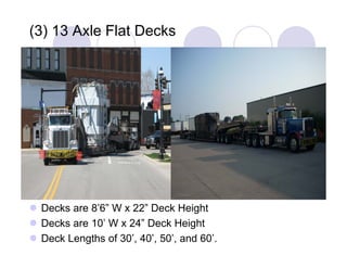 (3) 13 Axle Flat Decks




 Decks are 8’6” W x 22” Deck Height
 Decks are 10’ W x 24” Deck Height
 Deck Lengths of 30’, 40’, 50’, and 60’.
 