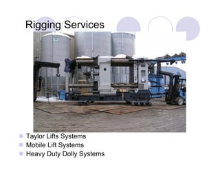 Rigging Services




Taylor Lifts Systems
  y           y
Mobile Lift Systems
Heavy Duty Dolly Systems
 