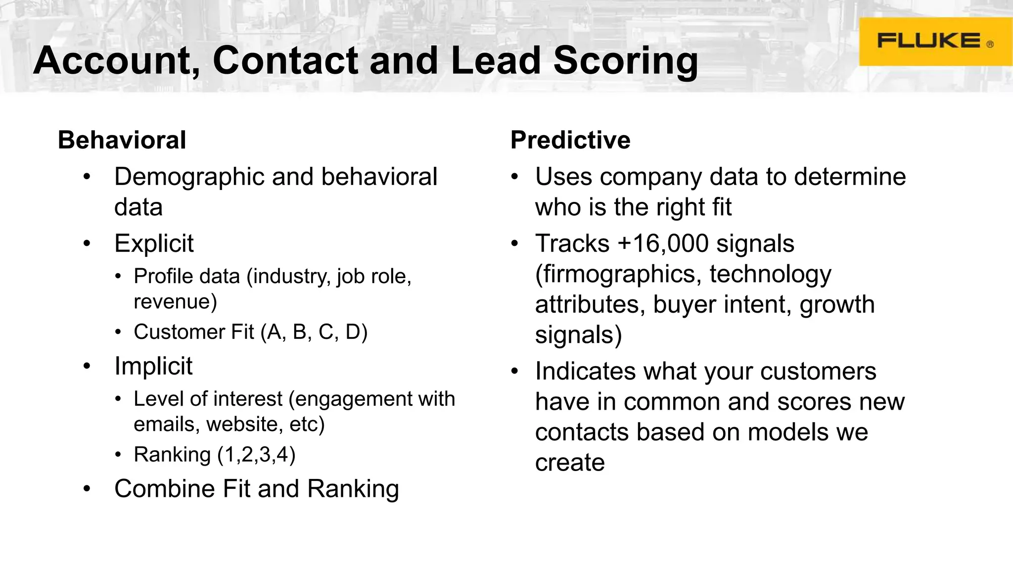 Behavioral
• Demographic and behavioral
data
• Explicit
• Profile data (industry, job role,
revenue)
• Customer Fit (A, B, C, D)
• Implicit
• Level of interest (engagement with
emails, website, etc)
• Ranking (1,2,3,4)
• Combine Fit and Ranking
Predictive
• Uses company data to determine
who is the right fit
• Tracks +16,000 signals
(firmographics, technology
attributes, buyer intent, growth
signals)
• Indicates what your customers
have in common and scores new
contacts based on models we
create
Account, Contact and Lead Scoring
 