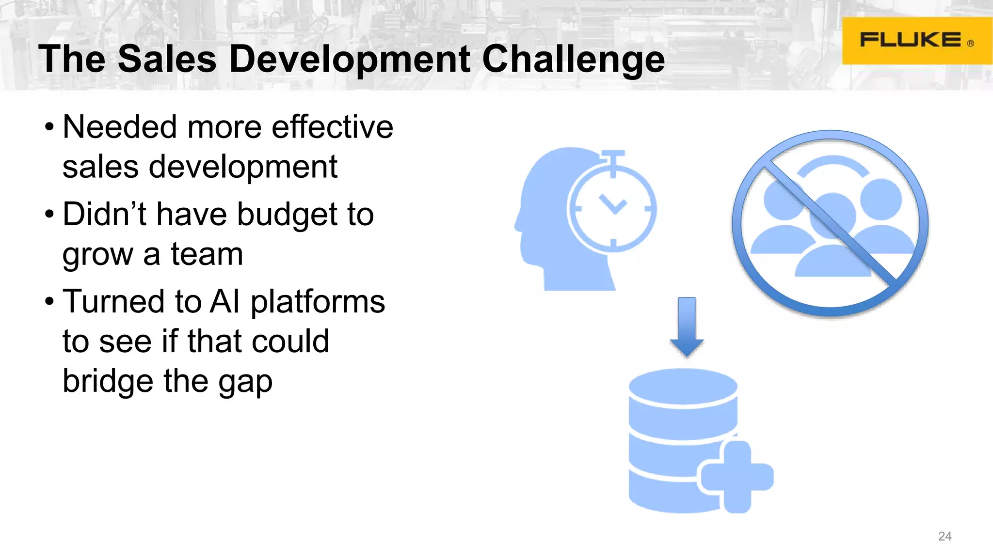 The Sales Development Challenge
• Needed more effective
sales development
• Didn’t have budget to
grow a team
• Turned to AI platforms
to see if that could
bridge the gap
24
 