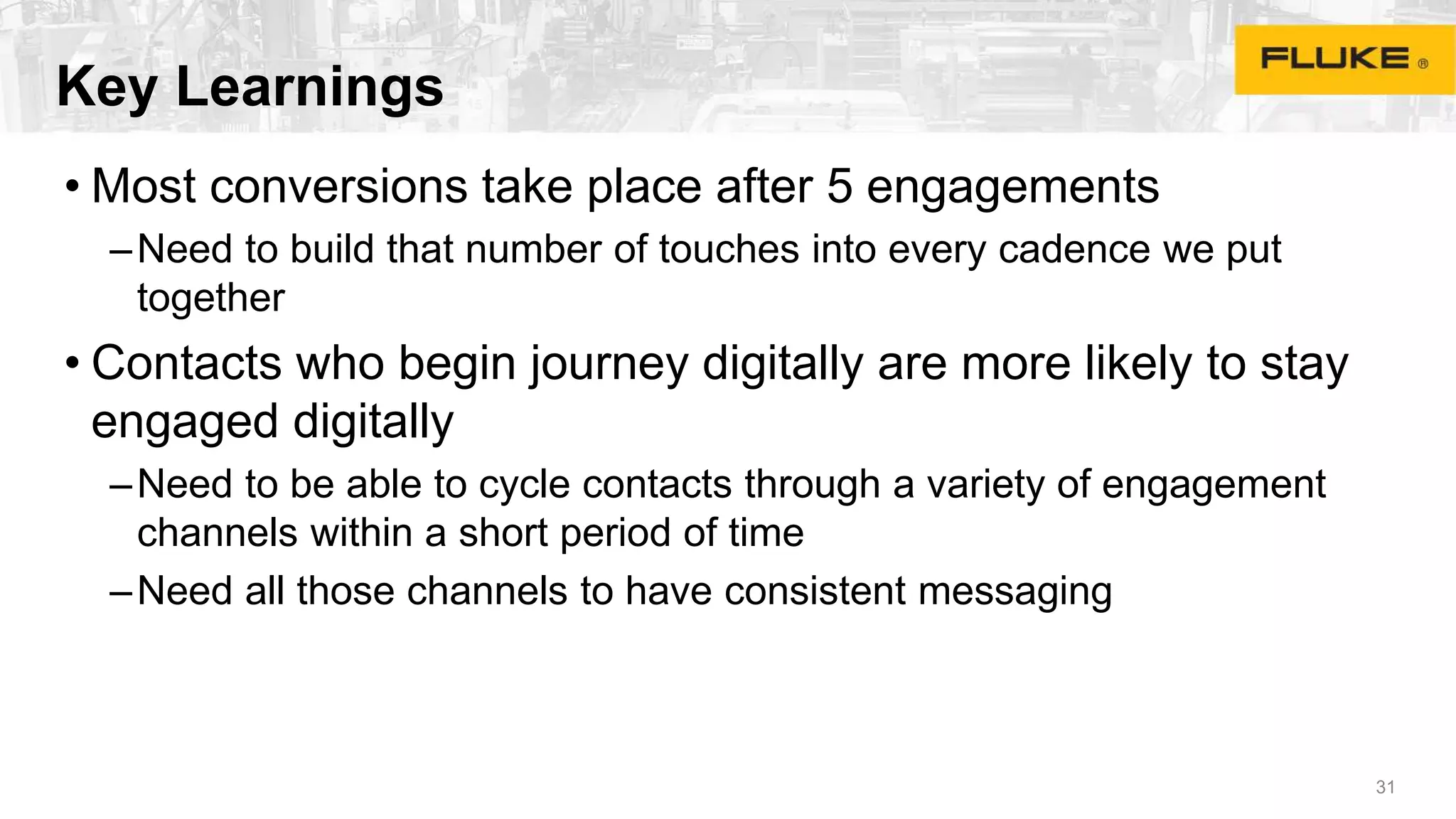 Key Learnings
• Most conversions take place after 5 engagements
–Need to build that number of touches into every cadence we put
together
• Contacts who begin journey digitally are more likely to stay
engaged digitally
–Need to be able to cycle contacts through a variety of engagement
channels within a short period of time
–Need all those channels to have consistent messaging
31
 