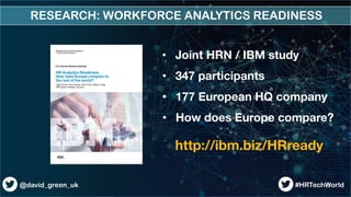 RESEARCH: WORKFORCE ANALYTICS READINESS
5@david_green_uk #HRTechWorld
•  Joint HRN / IBM study
•  347 participants
•  177 ...
