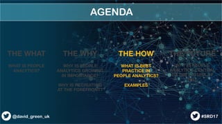 AGENDA
THE WHAT

WHAT IS PEOPLE
ANALYTICS?
THE WHY

WHY IS PEOPLE
ANALYTICS GROWING
IN IMPORTANCE?

WHY IS RECRUITING
AT T...