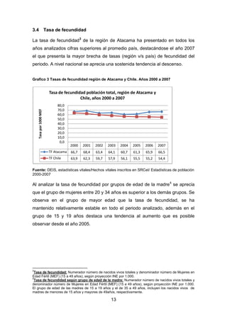 13
3.4 Tasa de fecundidad
La tasa de fecundidad3
de la región de Atacama ha presentado en todos los
años analizados cifras superiores al promedio país, destacándose el año 2007
el que presenta la mayor brecha de tasas (región v/s país) de fecundidad del
periodo. A nivel nacional se aprecia una sostenida tendencia al descenso.
Grafico 3 Tasas de fecundidad región de Atacama y Chile. Años 2000 a 2007
Fuente: DEIS, estadísticas vitales/Hechos vitales inscritos en SRCeI/ Estadísticas de población
2000-2007
Al analizar la tasa de fecundidad por grupos de edad de la madre4
se aprecia
que el grupo de mujeres entre 20 y 34 años es superior a los demás grupos. Se
observa en el grupo de mayor edad que la tasa de fecundidad, se ha
mantenido relativamente estable en todo el periodo analizado, además en el
grupo de 15 y 19 años destaca una tendencia al aumento que es posible
observar desde el año 2005.
3
Tasa de fecundidad: Numerador número de nacidos vivos totales y denominador número de Mujeres en
Edad Fértil (MEF) (15 a 49 años), según proyección INE por 1.000.
4
Tasa de fecundidad según grupo de edad de la madre: Numerador número de nacidos vivos totales y
denominador número de Mujeres en Edad Fértil (MEF) (15 a 49 años), según proyección INE por 1.000.
El grupo de edad de las madres de 15 a 19 años y el de 35 a 49 años, incluyen los nacidos vivos de
madres de menores de 15 años y mayores de 49años, respectivamente.
2000 2001 2002 2003 2004 2005 2006 2007
TF Atacama 66,7 68,4 63,4 64,1 60,7 61,3 65,9 66,5
TF Chile 63,9 62,3 59,7 57,9 56,1 55,5 55,2 54,4
0,0
10,0
20,0
30,0
40,0
50,0
60,0
70,0
80,0
Tasapor1000MEF
Tasa de fecundidad población total, región de Atacama y
Chile, años 2000 a 2007
 