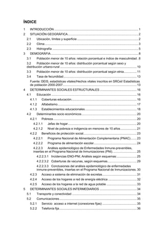 ÍNDICE
1 INTRODUCCIÓN ..................................................................................................1
2 SITUACIÓN GEOGRÁFICA..................................................................................2
2.1 Ubicación, límites y superficie .......................................................................2
2.2 Clima.............................................................................................................3
2.3 Hidrografía ....................................................................................................5
3 DEMOGRÁFIA......................................................................................................8
3.1 Población menor de 10 años: relación porcentual e índice de masculinidad .8
3.2 Población menor de 10 años: distribución porcentual según sexo y
distribución urbano-rural .........................................................................................10
3.3 Población menor de 10 años: distribución porcentual según etnia...............11
3.4 Tasa de fecundidad.....................................................................................13
Fuente: DEIS, estadísticas vitales/Hechos vitales inscritos en SRCeI/ Estadísticas
de población 2000-2007......................................................................................13
4 DETERMINANTES SOCIALES ESTRUCTURALES ...........................................16
4.1 Educación ...................................................................................................16
4.1.1 Coberturas educación............................................................................16
4.1.2 Alfabetismo............................................................................................17
4.1.3 Establecimientos educacionales............................................................18
4.2 Determinantes socio económicos................................................................20
4.2.1 Pobreza.................................................................................................20
4.2.1.1 Jefas de hogar................................................................................20
4.2.1.2 Nivel de pobreza e indigencia en menores de 10 años...................21
4.2.2 Beneficios de protección social..............................................................23
4.2.2.1 Programa Nacional de Alimentación Complementaria (PNAC).......23
4.2.2.2 Programa de alimentación escolar..................................................24
4.2.2.3 Análisis epidemiológico de Enfermedades Inmune-prevenibles,
insertas en el Programa Nacional de Inmunizaciones (PNI)............................25
4.2.2.3.1 Incidencias ENO-PNI; Análisis según esquemas:.......................25
4.2.2.3.2 Coberturas de vacunas, según esquemas..................................29
4.2.2.3.3 Conclusiones del análisis epidemiológico de enfermedades
inmune-prevenibles, insertas en el Programa Nacional de Inmunizaciones.30
4.2.3 Acceso a sistema de eliminación de excretas........................................31
4.2.4 Acceso de los hogares a red de energía eléctrica .................................32
4.2.5 Acceso de los hogares a la red de agua potable ...................................33
5 DETERMINANTES SOCIALES INTERMEDIARIOS ...........................................34
5.1 Transporte y conectividad ...........................................................................34
5.2 Comunicaciones..........................................................................................35
5.2.1 Servicio acceso a internet (conexiones fijas) ........................................35
5.2.2 Telefonía fija..........................................................................................36
 