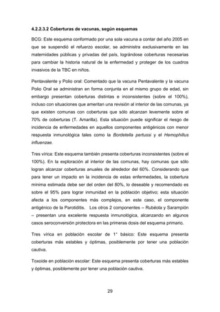 29
4.2.2.3.2 Coberturas de vacunas, según esquemas
BCG: Este esquema conformado por una sola vacuna a contar del año 2005 en
que se suspendió el refuerzo escolar, se administra exclusivamente en las
maternidades públicas y privadas del país, lográndose coberturas necesarias
para cambiar la historia natural de la enfermedad y proteger de los cuadros
invasivos de la TBC en niños.
Pentavalente y Polio oral: Comentado que la vacuna Pentavalente y la vacuna
Polio Oral se administran en forma conjunta en el mismo grupo de edad, sin
embargo presentan coberturas distintas e inconsistentes (sobre el 100%),
incluso con situaciones que ameritan una revisión al interior de las comunas, ya
que existen comunas con coberturas que sólo alcanzan levemente sobre el
70% de coberturas (T. Amarilla). Esta situación puede significar el riesgo de
incidencia de enfermedades en aquellos componentes antigénicos con menor
respuesta inmunológica tales como la Bordetella pertussi y el Hemophillus
influenzae.
Tres vírica: Este esquema también presenta coberturas inconsistentes (sobre el
100%). En la exploración al interior de las comunas, hay comunas que sólo
logran alcanzar coberturas anuales de alrededor del 60%. Considerando que
para tener un impacto en la incidencia de estas enfermedades, la cobertura
mínima estimada debe ser del orden del 80%, lo deseable y recomendado es
sobre el 95% para lograr inmunidad en la población objetivo; esta situación
afecta a los componentes más complejos, en este caso, el componente
antigénico de la Parotiditis. Los otros 2 componentes – Rubéola y Sarampión
– presentan una excelente respuesta inmunológica, alcanzando en algunos
casos seroconversión protectora en las primeras dosis del esquema primario.
Tres vírica en población escolar de 1° básico: Este esquema presenta
coberturas más estables y óptimas, posiblemente por tener una población
cautiva.
Toxoide en población escolar: Este esquema presenta coberturas más estables
y óptimas, posiblemente por tener una población cautiva.
 