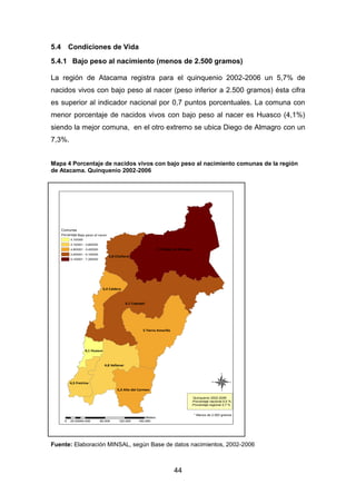 44
5.4 Condiciones de Vida
5.4.1 Bajo peso al nacimiento (menos de 2.500 gramos)
La región de Atacama registra para el quinquenio 2002-2006 un 5,7% de
nacidos vivos con bajo peso al nacer (peso inferior a 2.500 gramos) ésta cifra
es superior al indicador nacional por 0,7 puntos porcentuales. La comuna con
menor porcentaje de nacidos vivos con bajo peso al nacer es Huasco (4,1%)
siendo la mejor comuna, en el otro extremo se ubica Diego de Almagro con un
7,3%.
Mapa 4 Porcentaje de nacidos vivos con bajo peso al nacimiento comunas de la región
de Atacama. Quinquenio 2002-2006
Fuente: Elaboración MINSAL, según Base de datos nacimientos, 2002-2006
6,1 Copiapó
7,3 Diego de Almagro
5 Tierra Amarilla
4,8 Vallenar
5,8 Chañaral
5,4 Caldera
5,3 Alto del Carmen
4,5 Freirina
4,1 Huasco
®
0 40.000 80.000 120.000 160.00020.000
Meters
Comunas
Porcentaje
4,100000
4,100001 - 4,800000
4,800001 - 5,400000
5,400001 - 6,100000
6,100001 - 7,300000
Bajo peso al nacer
Quinquenio 2002-2006
-Porcentaje nacional 5,0 %
-Porcentaje regional 5,7 %
* Menos de 2.500 gramos
 