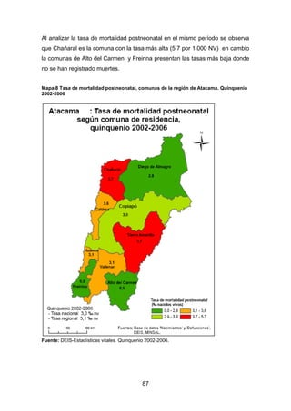 87
Al analizar la tasa de mortalidad postneonatal en el mismo período se observa
que Chañaral es la comuna con la tasa más alta (5,7 por 1.000 NV) en cambio
la comunas de Alto del Carmen y Freirina presentan las tasas más baja donde
no se han registrado muertes.
Mapa 8 Tasa de mortalidad postneonatal, comunas de la región de Atacama. Quinquenio
2002-2006
Fuente: DEIS-Estadísticas vitales. Quinquenio 2002-2006.
 