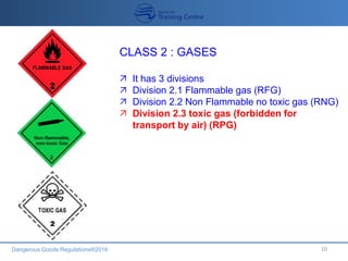 Dangerous Goods Regulations®2016 10
CLASS 2 : GASES
 It has 3 divisions
 Division 2.1 Flammable gas (RFG)
 Division 2.2 Non Flammable no toxic gas (RNG)
 Division 2.3 toxic gas (forbidden for
transport by air) (RPG)
 