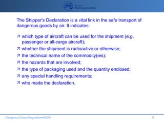 Dangerous Goods Regulations®2016 33
The Shipper's Declaration is a vital link in the safe transport of
dangerous goods by air. It indicates:
 which type of aircraft can be used for the shipment (e.g.
passenger or all-cargo aircraft);
 whether the shipment is radioactive or otherwise;
 the technical name of the commodity(ies);
 the hazards that are involved;
 the type of packaging used and the quantity enclosed;
 any special handling requirements;
 who made the declaration.
 