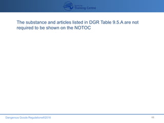 Dangerous Goods Regulations®2016 48
The substance and articles listed in DGR Table 9.5.A are not
required to be shown on the NOTOC
 