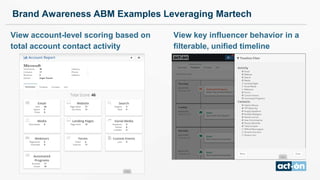 Brand Awareness ABM Examples Leveraging Martech
View key influencer behavior in a
filterable, unified timeline
View account-level scoring based on
total account contact activity
 
