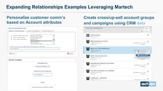 Expanding Relationships Examples Leveraging Martech
Personalize customer comm’s
based on Account attributes
Create cross/up-sell account groups
and campaigns using CRM data
 