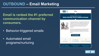 OUTBOUND – Email Marketing
Email is ranked the #1 preferred
communication channel by
consumers.
• Behavior-triggered emails
• Automated email
programs/nurturing
 