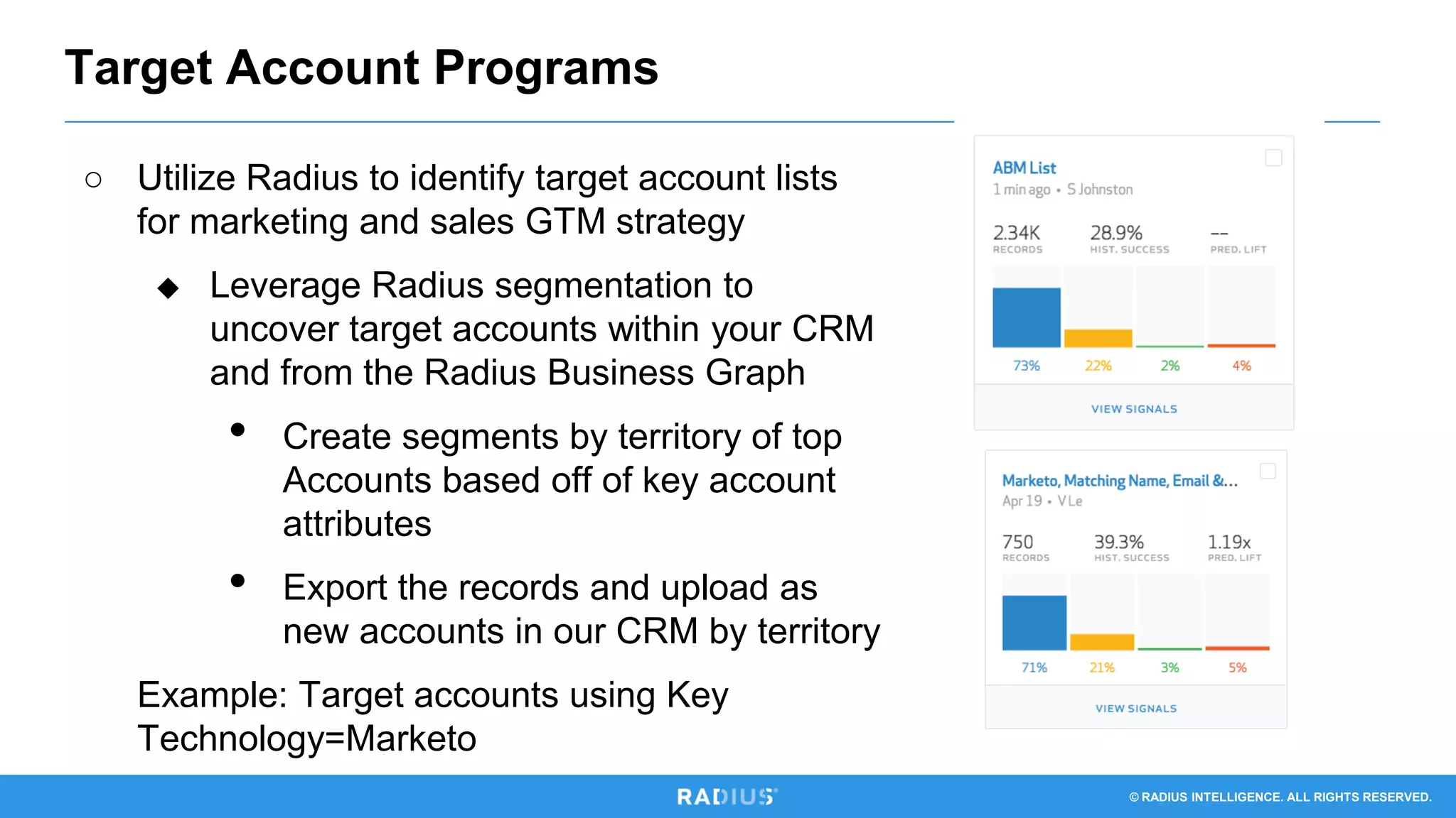 © RADIUS INTELLIGENCE. ALL RIGHTS RESERVED.
Target Account Programs
○ Utilize Radius to identify target account lists
for marketing and sales GTM strategy
◆ Leverage Radius segmentation to
uncover target accounts within your CRM
and from the Radius Business Graph
• Create segments by territory of top
Accounts based off of key account
attributes
• Export the records and upload as
new accounts in our CRM by territory
Example: Target accounts using Key
Technology=Marketo
 