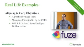 Real Life Examples
Aligning to Corp Objectives
• Agreed on by Exec Team
• Marketing Priorities Set by the CMO
• Will Still “Allow” Some Unaligned
Field Activities
 
