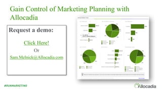 Gain Control of Marketing Planning with
Allocadia
Request a demo:
Click Here!
Or
Sam.Melnick@Allocadia.com
 