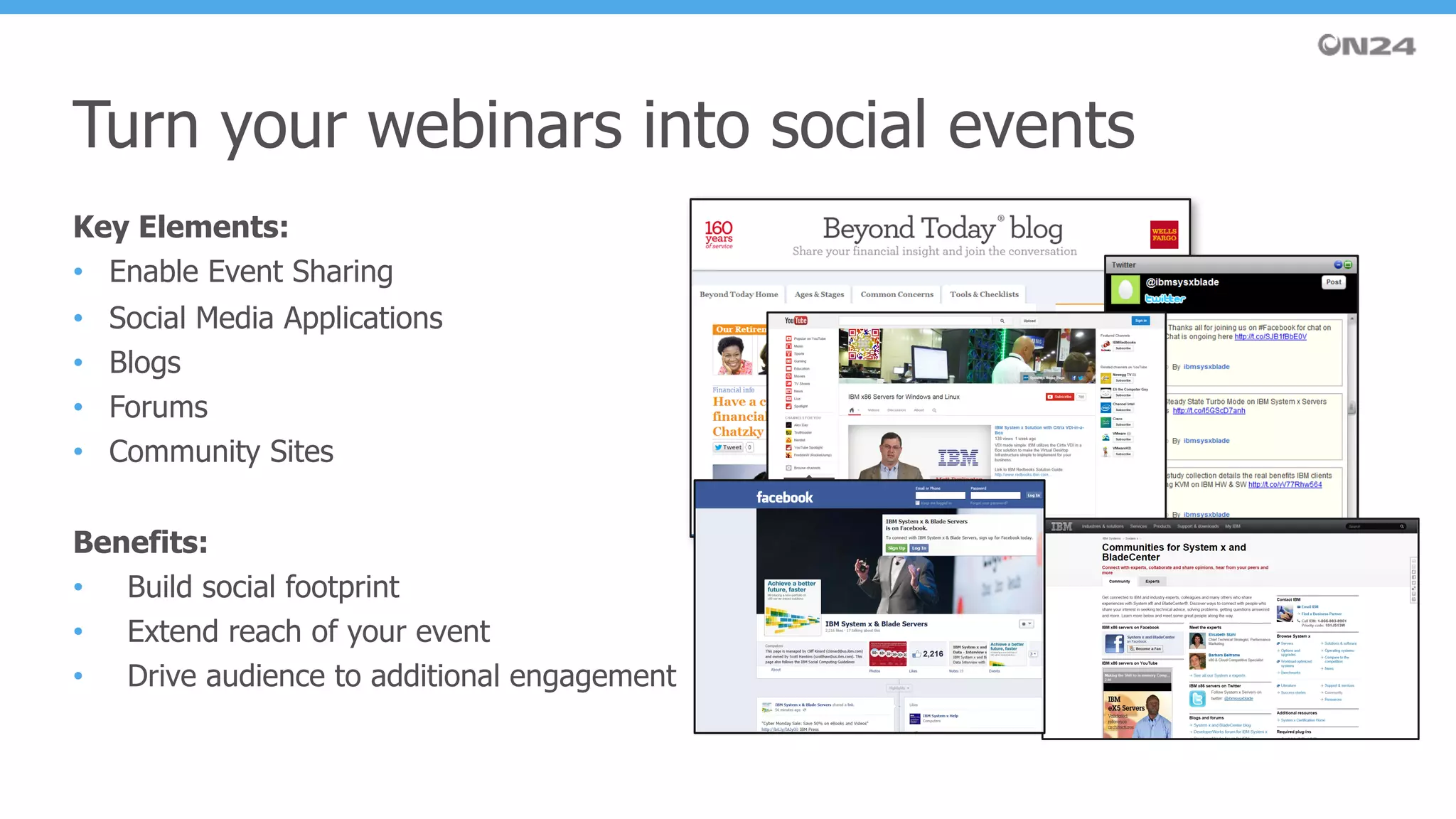 Key Elements:
• Enable Event Sharing
• Social Media Applications
• Blogs
• Forums
• Community Sites
Benefits:
• Build social footprint
• Extend reach of your event
• Drive audience to additional engagement
Turn your webinars into social events
 