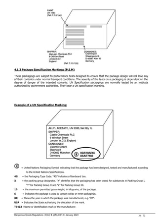 Dangerous Goods Regulations | ICAO & IATA CBTA | January 2023 36 / 72
4.1.3 Package Specification Markings (P.S.M)
These packagings are subject to performance tests designed to ensure that the package design will not lose any
of their contents under normal transport conditions. The severity of the tests on a packaging is dependent on the
degree of danger of the intended contents. UN Specification packagings are normally tested by an institute
authorized by government authorities. They bear a UN specification marking.
Example of a UN Specification Marking:
= United Nations Packaging Symbol indicating that the package has been designed, tested and manufactured according
to the United Nations Specifications.
4G = the Packaging Type Code. “4G” indicates a fiberboard box.
X = the packing group designator. “X” identifies that the packaging has been tested for substances in Packing Group I,
“Y” for Packing Group II and “Z” for Packing Group III.
10 = the maximum permitted gross weight, in kilograms, of the package.
S = Indicates the package is used to contain solids or inner packagings.
XX = Shows the year in which the package was manufactured, e.g. “07”.
USA = Indicates the State authorizing the allocation of the mark.
T7402 =Name or identification mark of the manufacturer.
 