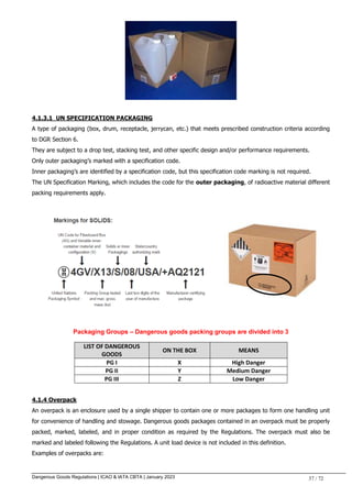 Dangerous Goods Regulations | ICAO & IATA CBTA | January 2023 37 / 72
4.1.3.1 UN SPECIFICATION PACKAGING
A type of packaging (box, drum, receptacle, jerrycan, etc.) that meets prescribed construction criteria according
to DGR Section 6.
They are subject to a drop test, stacking test, and other specific design and/or performance requirements.
Only outer packaging’s marked with a specification code.
Inner packaging’s are identified by a specification code, but this specification code marking is not required.
The UN Specification Marking, which includes the code for the outer packaging, of radioactive material different
packing requirements apply.
Packaging Groups – Dangerous goods packing groups are divided into 3
4.1.4 Overpack
An overpack is an enclosure used by a single shipper to contain one or more packages to form one handling unit
for convenience of handling and stowage. Dangerous goods packages contained in an overpack must be properly
packed, marked, labeled, and in proper condition as required by the Regulations. The overpack must also be
marked and labeled following the Regulations. A unit load device is not included in this definition.
Examples of overpacks are:
LIST OF DANGEROUS
GOODS
ON THE BOX MEANS
PG I X High Danger
PG II Y Medium Danger
PG III Z Low Danger
 