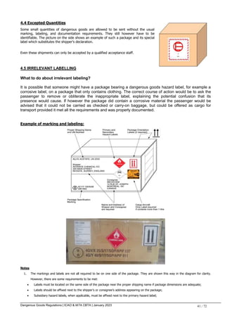 Dangerous Goods Regulations | ICAO & IATA CBTA | January 2023 41 / 72
4.4 Excepted Quantities
Some small quantities of dangerous goods are allowed to be sent without the usual
marking, labeling, and documentation requirements. They still however have to be
identifiable. The picture on the side shows an example of such a package and its special
label which substitutes the shipper’s declaration.
Even these shipments can only be accepted by a qualified acceptance staff.
4.5 IRRELEVANT LABELLING
What to do about irrelevant labeling?
It is possible that someone might have a package bearing a dangerous goods hazard label, for example a
corrosive label, on a package that only contains clothing. The correct course of action would be to ask the
passenger to remove or obliterate the inappropriate label, explaining the potential confusion that its
presence would cause. If however the package did contain a corrosive material the passenger would be
advised that it could not be carried as checked or carry-on baggage, but could be offered as cargo for
transport provided it met all the requirements and was properly documented.
Example of marking and labeling:
Notes
1. The markings and labels are not all required to be on one side of the package. They are shown this way in the diagram for clarity.
However, there are some requirements to be met:
 Labels must be located on the same side of the package near the proper shipping name if package dimensions are adequate;
 Labels should be affixed next to the shipper’s or consignee’s address appearing on the package;
 Subsidiary hazard labels, when applicable, must be affixed next to the primary hazard label;
 