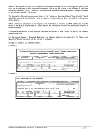 Dangerous Goods Regulations | ICAO & IATA CBTA | January 2023 46 / 72
When an Air Waybill is issued for a shipment containing both dangerous and non-dangerous goods, there
must be an indication in the “Handling Information” box of the Air Waybill of the number of packages
containing dangerous goods. This should be shown either before or after the statement “Dangerous Goods
as per attached Shipper’s Declaration”.
The description of the dangerous goods shown in the “Nature and Quantity of Goods” box of the Air Waybill
should be a general description for rating or customs requirements and does not need to be the proper
shipping name.
When a Shipper’s Declaration is not required, the information as required by IATA DGR 8.2.3 must be
shown in the “Nature and Quantity of Goods” box on the Air Waybill, however, no statement is required in
the handling box.
Examples of how the Air Waybill must be completed are shown in IATA DGR 8.2.7 and on the following
pages in this book.
For Dangerous Goods in Expected Quantities, the following statement is required in the “Nature and
Quantity of Goods” box along with the number of packages:
“Dangerous Goods in Expected Quantities”.
Example 1:
Example 2:
 