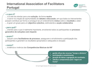 International Association of Facilitators
Portugal
- o que é?
… é a arte de orientar para uma solução, de forma neutra
… é servir na criação de oportunidades de debate e discussão, em que todos os intervenientes
possam contribuir por forma a conseguir-se um entendimento mútuo sobre o resultado a obter
... é guiar um grupo para um objectivo colectivo, estimulando a acção colaborativa
- para quê?
... orientar para o que é realmente importante, envolvendo todos os participantes no processo
generativo de soluções com impacto
- quem?
... actuam como facilitadores de processo, asseguram o envolvimento e participação dos
participantes e garantem os resultados apropriados e adequados à situação
- como?
... evidência e vivência das Competências Básicas da IAF
 gestão eficaz dos recursos “tempo e dinheiro”
 participação e envolvimento
 geração de ideias e agregação de resultados
 adesão e compromisso para “seguir em
frente”
iaf-portugal (www.iaf-word.com)
 