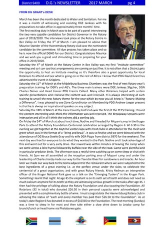 District 9400 D.G.’s NEWSLETTER 2017 MARCH pg 4
FROM DG GRANT’s DESK
March has been the month dedicated to Water and Sanit...