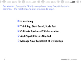 © 2013 IBM CorporationConfidential9
 Start Doing
 Think Big, Start Small, Scale Fast
 Cultivate Business-IT Collaboration
 Add Capabilities as Needed
 Manage Your Total Cost of Ownership
Get started| Successful BPM journeys have these five attributes in
common – the most important of which is: to begin
 