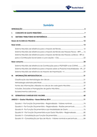 Sumário
INTRODUÇÃO ......................................................................................................................................... 5
I. CONCEITO DE GASTO TRIBUTÁRIO .............................................................................................. 7
II. SISTEMA TRIBUTÁRIO DE REFERÊNCIA................................................................................ 10
Bases de Incidência Tributária .......................................................................................................... 12
Base renda........................................................................................................................................... 13
Sistema tributário de referência para o Imposto de Renda.................................................. 14
Sistema tributário de referência para o Imposto de Renda das Pessoas Físicas – IRPF......16
Sistema tributário de referência para o Imposto de Renda das Pessoas Jurídicas – IRPJ e
para a Contribuição Social sobre o Lucro Líquido – CSLL ........................................................22
Base consumo ..................................................................................................................................... 24
Sistema tributário de referência da Contribuição para o PIS/PASEP e da COFINS.............25
Sistema tributário de referência para o Imposto sobre os Produtos Industrializados - IPI...27
Sistema tributário de referência do Imposto de Importação – II ............................................29
III. INFORMAÇÕES METODOLÓGICAS............................................................................................ 31
Classificação das Metodologias de cálculo...............................................................................31
Metodologia adotada pelo Brasil..................................................................................................33
Fontes das informações utilizadas no cálculo de cada gasto tributário ..............................37
Inclusões, Exclusões e Prorrogações de gastos tributários........................................................48
Esclarecimentos adicionais .............................................................................................................60
IV. ESTIMATIVAS E ANÁLISE DOS VALORES..................................................................................... 68
ANEXO I – Gastos Tributários – Bases Efetivas 2014 ........................................................................ 71
Quadro I - Por Função Orçamentária – Regionalizado - Valores nominais ..........................74
Quadro II - Por Função Orçamentária – Regionalizado - Razões percentuais.....................75
Quadro III - Por Função Orçamentária e por Modalidade de Gasto ....................................76
Quadro IV - Por Função Orçamentária e por Gasto Tributário – Regionalizado .................80
Quadro V – Consolidação por Função Orçamentária.............................................................83
Quadro VI – Consolidação por tipo de tributo - Valores nominais e percentuais...............84
 
