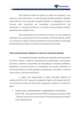37
Esse método consiste em aplicar um índice de correção a uma
base que, costumeiramente, é o valor do gasto tributário estimado, utilizando
dados efetivos. Para cada item de gasto tributário é empregado um índice
formado pela associação de indicadores macroeconômicos que
representam a variação de preços e a variação de quantidades (volume),
esperada para o período futuro.
Esses indicadores são escolhidos de acordo com sua aderência
explicativa ao comportamento da arrecadação dos tributos federais, dentre
os constantes da grade oficial de parâmetros macroeconômicos produzidos
pela Secretaria de Política Econômica do Ministério da Fazenda.
Fontes das informações utilizadas no cálculo de cada gasto tributário
As medições dos gastos tributários são realizadas a partir de dados
de fontes internas e externas, provenientes de declarações, escriturações,
processos, cadastros, documentos de arrecadação e relatórios estatísticos.
Idealmente, buscam-se fontes de informações que possam identificar os
montantes efetivos dos fatos geradores desonerados, que seriam a base de
cálculo para a apuração dos tributos.
A seguir, são apresentados os gastos tributários vigentes no
período de 2012 a 2017, segundo a legislação vigente até fevereiro de 2017,
com respectivas fontes de informação, agregados conforme a natureza do
gasto.
• AGRICULTURA E AGROINDÚSTRIA - DESONERAÇÃO CESTA BÁSICA
Fontes: RFB – Declarações do PIS/COFINS e Sistemas aduaneiros / IBGE
- Pesquisa Industrial Anual por Produto, Produção Agrícola Municipal e
Censo Agropecuário.
 
