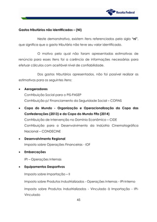 45
Gastos tributários não identificados – (NI)
Neste demonstrativo, existem itens referenciados pela sigla “ni”,
que significa que o gasto tributário não teve seu valor identificado.
O motivo pelo qual não foram apresentadas estimativas de
renúncia para esses itens foi a carência de informações necessárias para
efetuar cálculos com aceitável nível de confiabilidade.
Dos gastos tributários apresentados, não foi possível realizar as
estimativas para os seguintes itens:
• Aerogeradores
Contribuição Social para o PIS-PASEP
Contribuição p/ Financiamento da Seguridade Social – COFINS
• Copa do Mundo - Organização e Operacionalização da Copa das
Confederações (2013) e da Copa do Mundo Fifa (2014)
Contribuição de Intervenção no Domínio Econômico – CIDE
Contribuição para o Desenvolvimento da Indústria Cinematográfica
Nacional – CONDECINE
• Desenvolvimento Regional
Imposto sobre Operações Financeiras - IOF
• Embarcações
IPI – Operações Internas
• Equipamentos Desportivos
Imposto sobre Importação – II
Imposto sobre Produtos Industrializados - Operações Internas - IPI-Interno
Imposto sobre Produtos Industrializados - Vinculado à Importação - IPI-
Vinculado
 