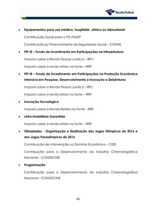 46
• Equipamentos para uso médico, hospitalar, clínico ou laboratorial
Contribuição Social para o PIS-PASEP
Contribuição p/ Financiamento da Seguridade Social – COFINS
• FIP-IE – Fundo de Investimento em Participações na Infraestrutura
Imposto sobre a Renda Pessoa Jurídica – IRPJ
Imposto sobre a renda retido na fonte – IRRF
• FIP-IE – Fundo de Investimento em Participações na Produção Econômica
Intensiva em Pesquisa, Desenvolvimento e Inovação e Debêntures
Imposto sobre a Renda Pessoa Jurídica - IRPJ
Imposto sobre a renda retido na fonte – IRRF
• Inovação Tecnológica
Imposto sobre a Renda Retido na Fonte - IRRF
• Letra Imobiliária Garantida
Imposto sobre a renda retido na fonte – IRRF
• Olimpíadas - Organização e Realização dos Jogos Olímpicos de 2016 e
dos Jogos Paraolímpicos de 2016
Contribuição de Intervenção no Domínio Econômico – CIDE
Contribuição para o Desenvolvimento da Indústria Cinematográfica
Nacional - CONDECINE
• Programação
Contribuição para o Desenvolvimento da Indústria Cinematográfica
Nacional – CONDECINE
 