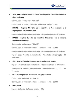 47
• RENUCLEAR – Regime especial de incentivos para o desenvolvimento de
usinas nucleares
Contribuição Social para o PIS-PASEP
Contribuição p/ Financiamento da Seguridade Social – COFINS
• REPORTO - Regime Tributário para Incentivo à Modernização e à
Ampliação da Estrutura Portuária
Imposto sobre Produtos Industrializados - Operações Internas - IPI-Interno
• RETAERO - Regime Especial de Incentivos Tributários para a Indústria
Aeroespacial Brasileira
Contribuição Social para o PIS-PASEP
Contribuição p/ Financiamento da Seguridade Social – COFINS
Imposto sobre Produtos Industrializados - Operações Internas - IPI-Interno
Imposto sobre Produtos Industrializados - Vinculado à Importação - IPI-
Vinculado
• RETID - Regime Especial Tributário para a Indústria de Defesa
Imposto sobre Produtos Industrializados - Operações Internas - IPI-Interno
Imposto sobre Produtos Industrializados - Vinculado à Importação - IPI-
Vinculado
• Telecomunicações em áreas rurais e regiões remotas
Contribuição Social para o PIS-PASEP
Contribuição p/ Financiamento da Seguridade Social – COFINS
• Vale-cultura
Imposto de Renda da Pessoa Jurídica – IRPJ
 