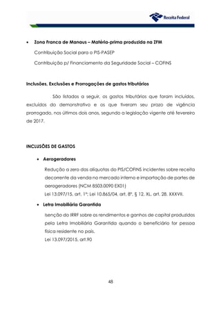 48
• Zona Franca de Manaus – Matéria-prima produzida na ZFM
Contribuição Social para o PIS-PASEP
Contribuição p/ Financiamento da Seguridade Social – COFINS
Inclusões, Exclusões e Prorrogações de gastos tributários
São listados a seguir, os gastos tributários que foram incluídos,
excluídos do demonstrativo e os que tiveram seu prazo de vigência
prorrogado, nos últimos dois anos, segundo a legislação vigente até fevereiro
de 2017.
INCLUSÕES DE GASTOS
• Aerogeradores
Redução a zero das alíquotas do PIS/COFINS incidentes sobre receita
decorrente da venda no mercado interno e importação de partes de
aerogeradores (NCM 8503.0090 EX01)
Lei 13.097/15, art. 1º; Lei 10.865/04, art. 8º, § 12, XL, art. 28, XXXVII.
• Letra Imobiliária Garantida
Isenção do IRRF sobre os rendimentos e ganhos de capital produzidos
pela Letra Imobiliária Garantida quando o beneficiário for pessoa
física residente no país.
Lei 13.097/2015, art.90
 